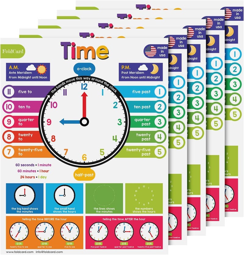 FoldCard Time Chart for Preschool to Grade 1 Kids – Learn How to Tell the Time – Colorful Educational Visual/Learning Aid Poster for Classroom or Home | Glossy Durable Cardstock | 8.5" x 11" | 5 per Pack - Image 1